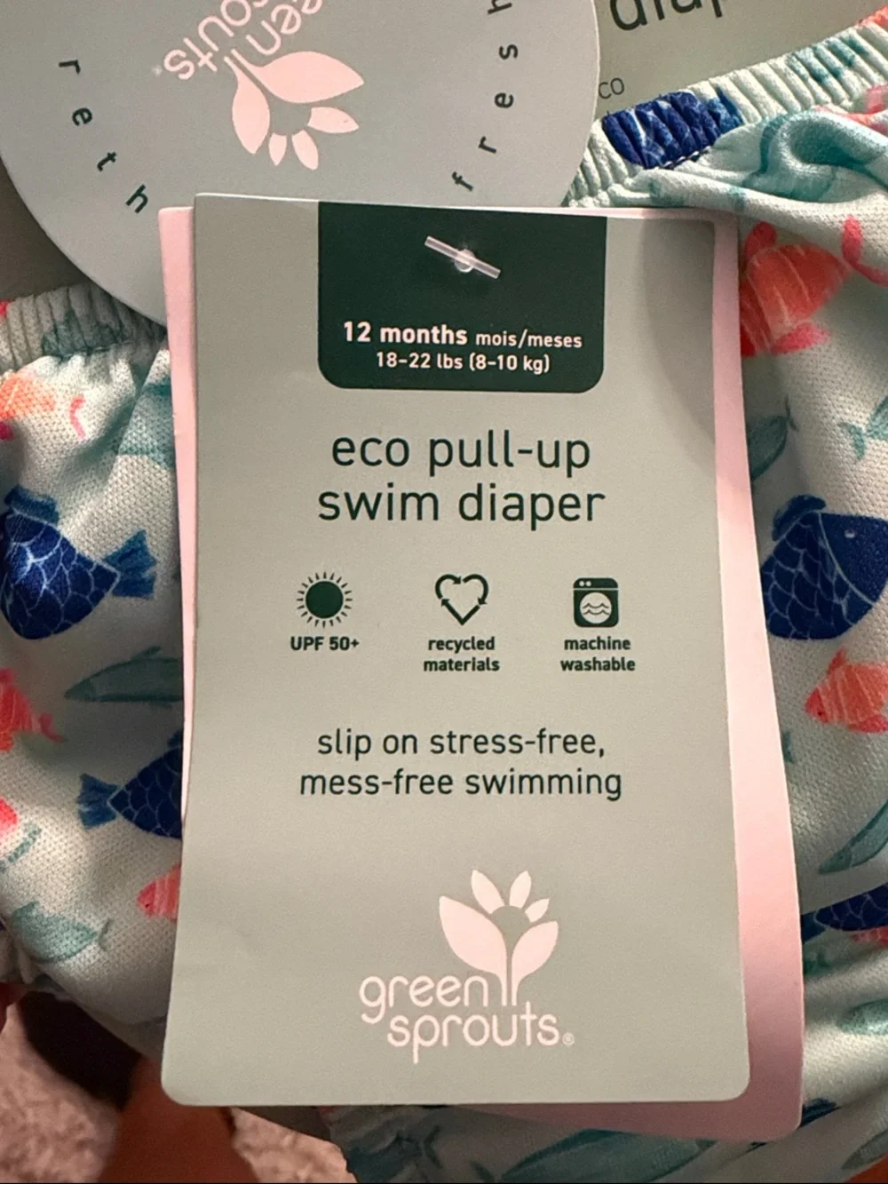Green Sprouts Eco Pull-Up Swim Diaper in Mint with Blue & Coral Fish